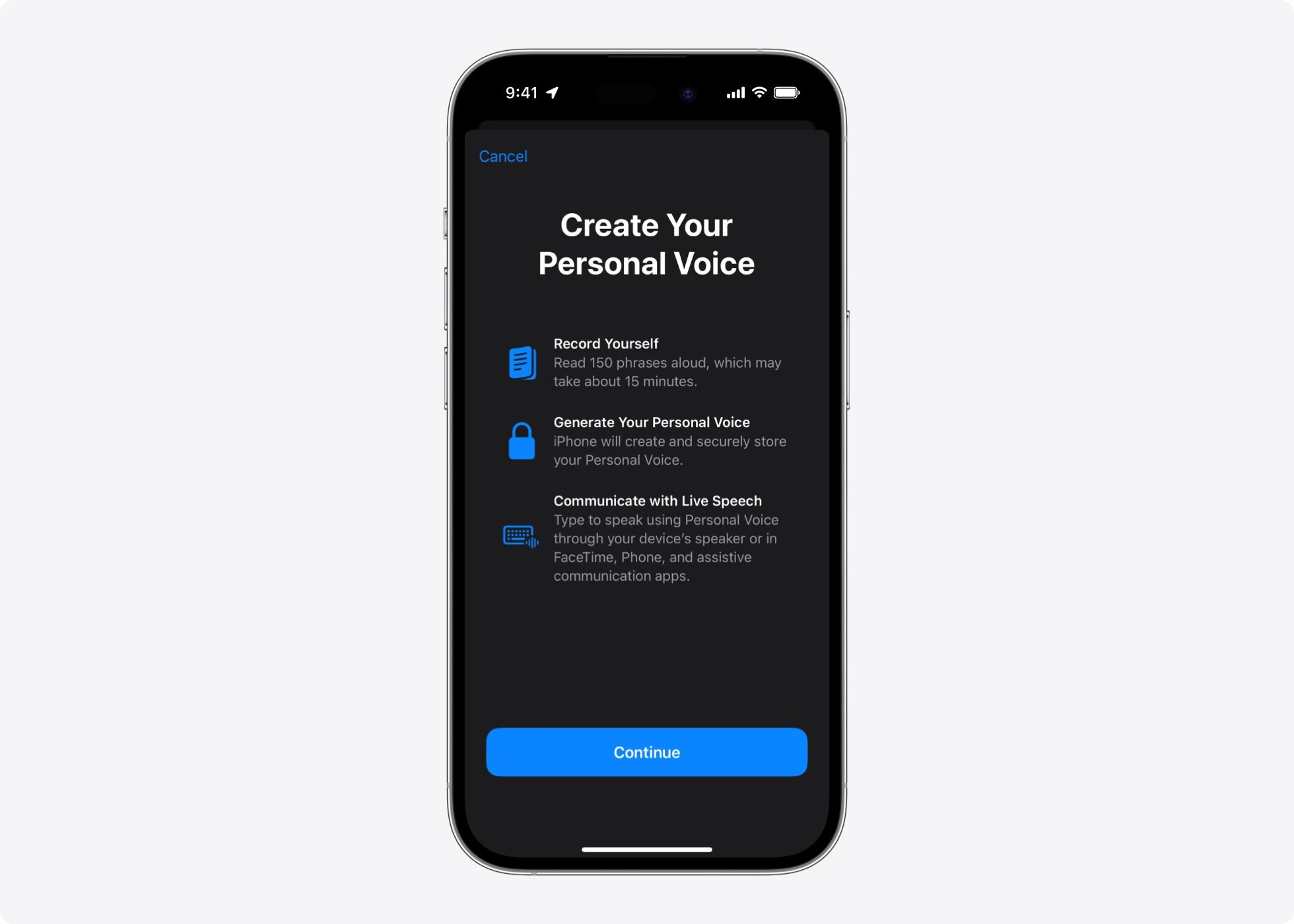 Figure 1: Personal voice feature in iOS17. Image A shows the instructions to create personal voice and how to use it.